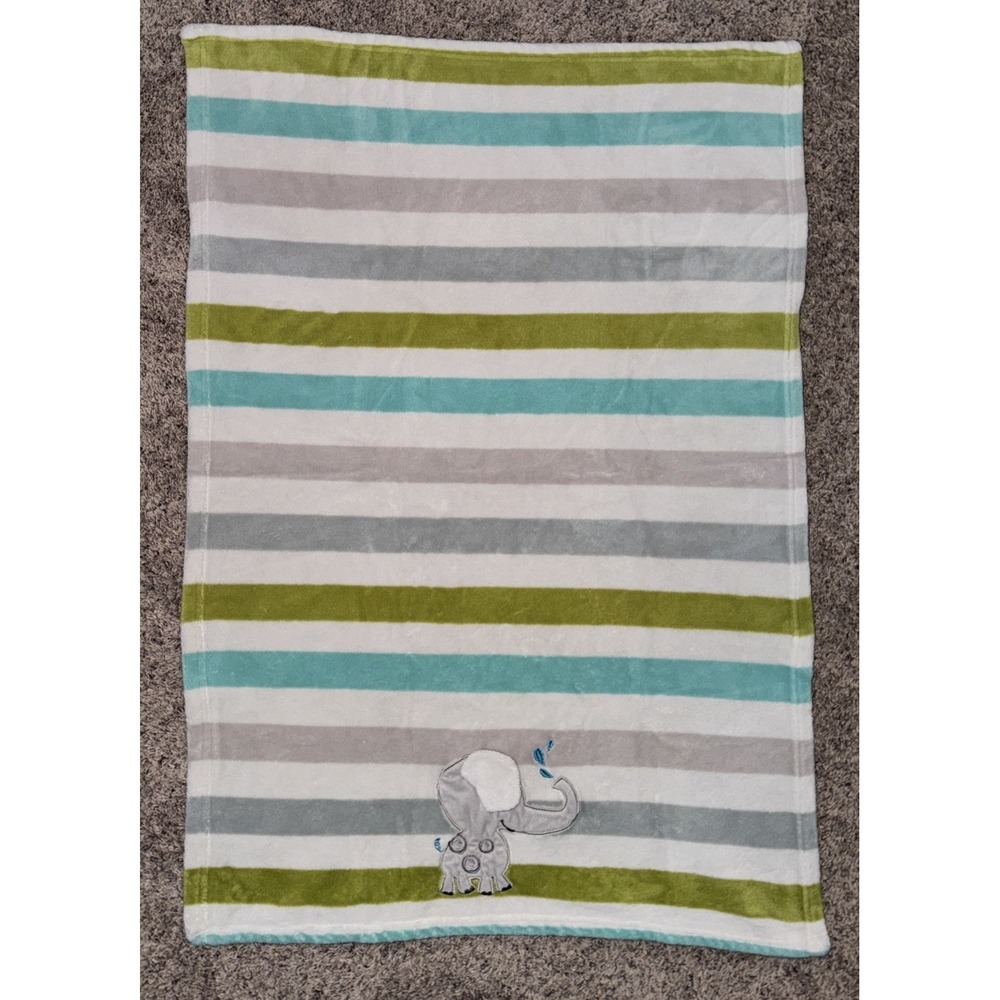 Lambs & Ivy Blue Green Gray Stripe Baby Blanket‎ Gray Elephant 3D Ear 30"x39" - Picture 2 of 5